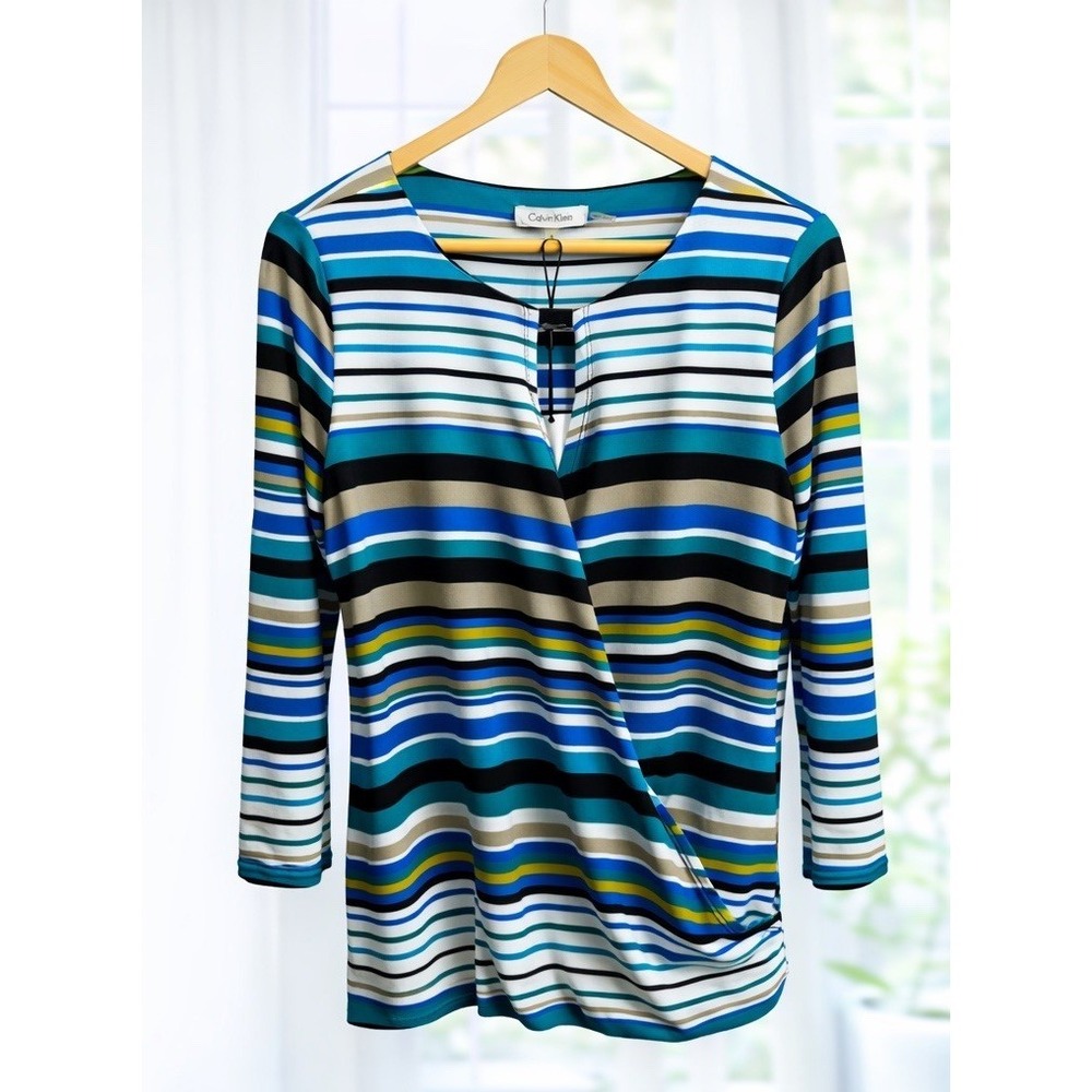 New Calvin Klein Faux Wrap 3/4 Sleeves Office Top Blouse Blue‎ Black Stripes S